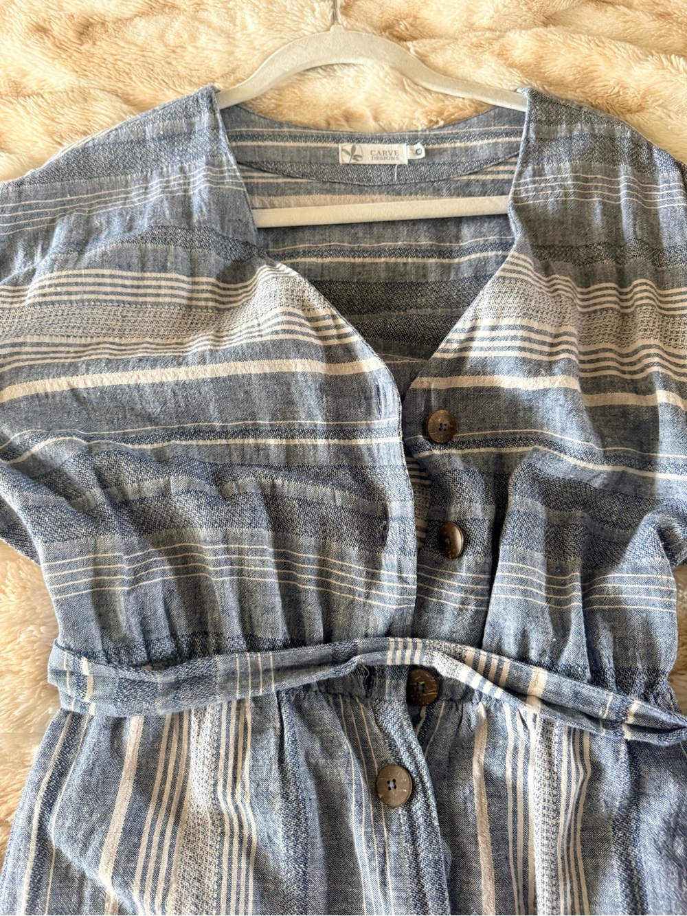 Button-Front Blue Striped Belted Dress - Picture 4 of 6
